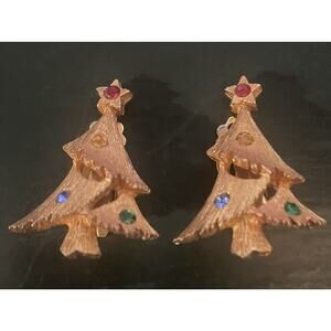 Vintage Gold Tone Christmas Tree with Rhinestone’s Clip Earrings
